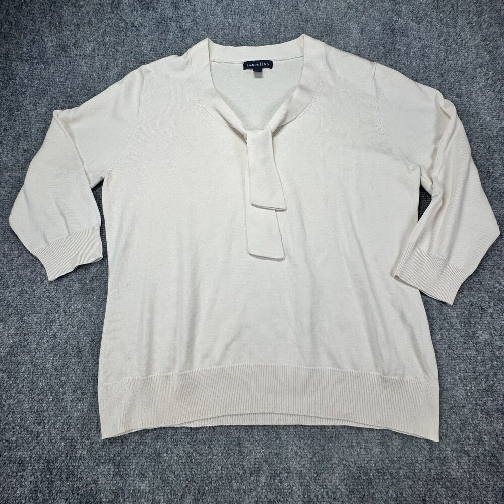 Lands' End Silk Cotton Tie Neck Sweater Women's Large 14-16 Ivory 3/4 Sleeve